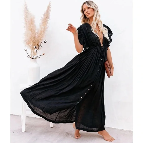 SOLD OUT Black Gauze Boho Raw Hem Button Maxi Dress - Picture 8 of 8